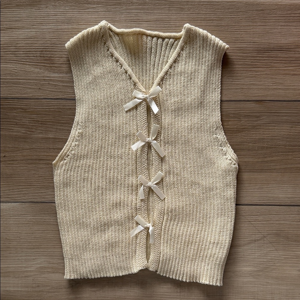 Beige Knit Cut Out Tank with Ribbon Accents NWOT